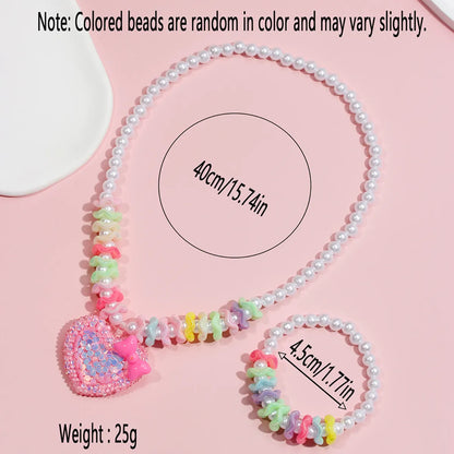 Princess Cute Heart Shape Bow Knot Beaded Arylic Resin Girl's Bracelets Necklace