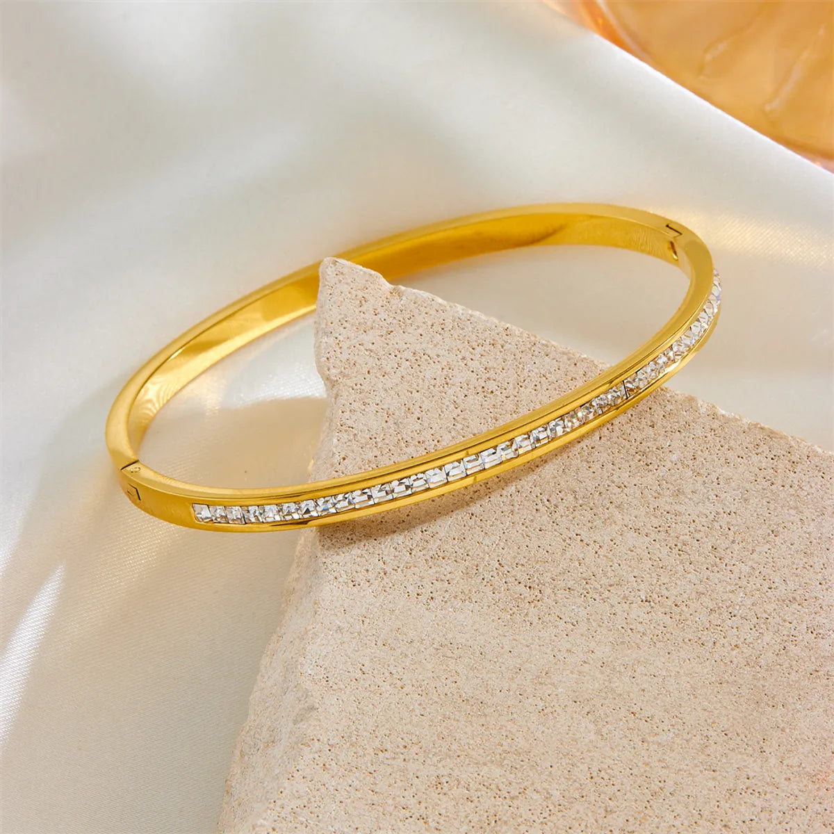 Princess Cute Solid Color Stainless Steel 18K Gold Plated Rhinestones Bangle In Bulk