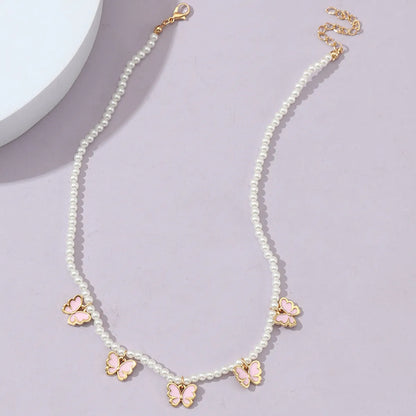 Princess Cute Sweet Butterfly Artificial Pearl Alloy Beaded Girl's Pendant Necklace