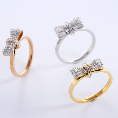 Princess Romantic Bow Knot Stainless Steel Plating Inlay Rhinestones 18k Gold Plated Rose Gold Plated Rings