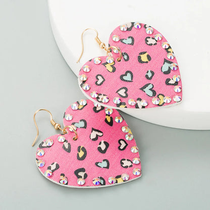 Pu Leather Double-sided Heart-shaped Rhinestones Long Earrings