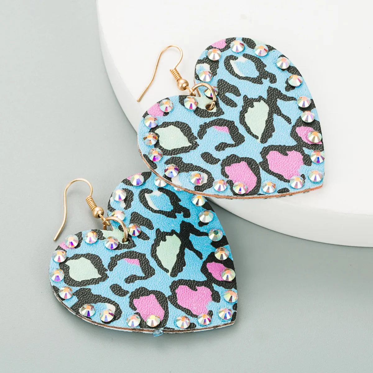 Pu Leather Double-sided Heart-shaped Rhinestones Long Earrings