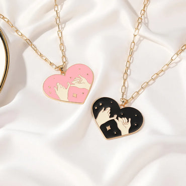 Pull Hook Sweet Heart Couple Black Pink Pendant Necklace Set