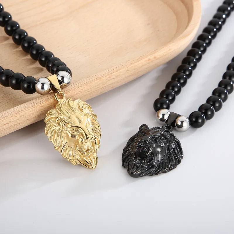 Punk Animal Lion Agate Titanium Steel Beaded Plating 18K Gold Plated Men'S