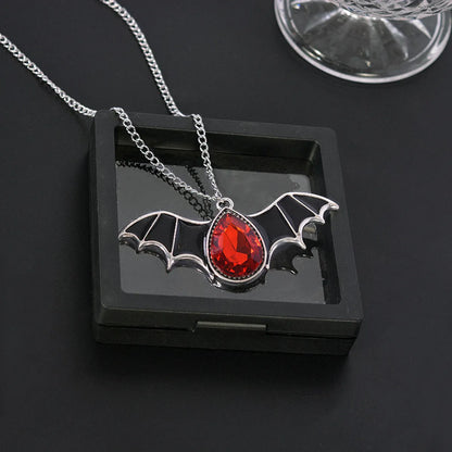 Punk Bat Alloy Enamel Plating Inlay Artificial Gemstones Silver Plated Unisex Pendant Necklace