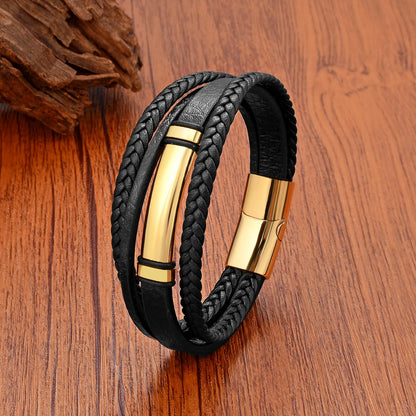 Punk Classic Style Solid Color Leather Rope Metal Layered Women'S Men'S Bracelets