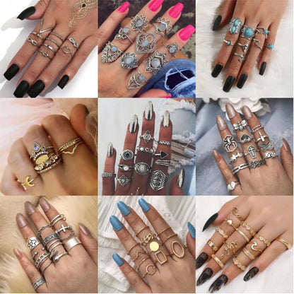 Punk Cross Moon Flower Alloy Plating Hollow Out Inlay Artificial Diamond Turquoise Opal Gold Plated Silver Plated Women'S Rings