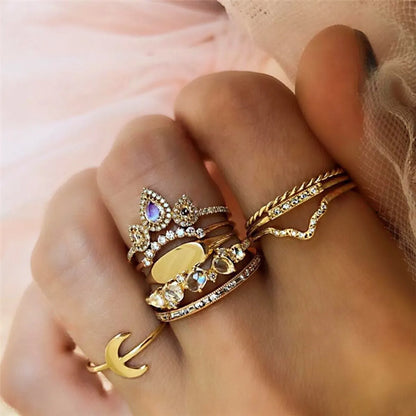 Punk Cross Moon Flower Alloy Plating Hollow Out Inlay Artificial Diamond Turquoise Opal Gold Plated Silver Plated Women'S Rings