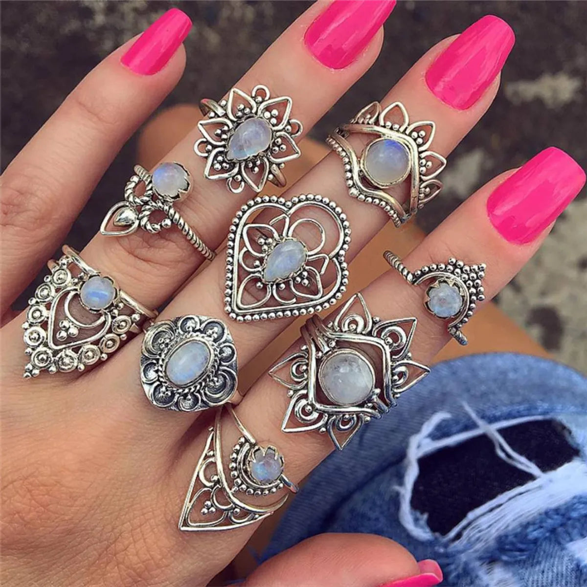 Punk Cross Moon Flower Alloy Plating Hollow Out Inlay Artificial Diamond Turquoise Opal Gold Plated Silver Plated Women'S Rings