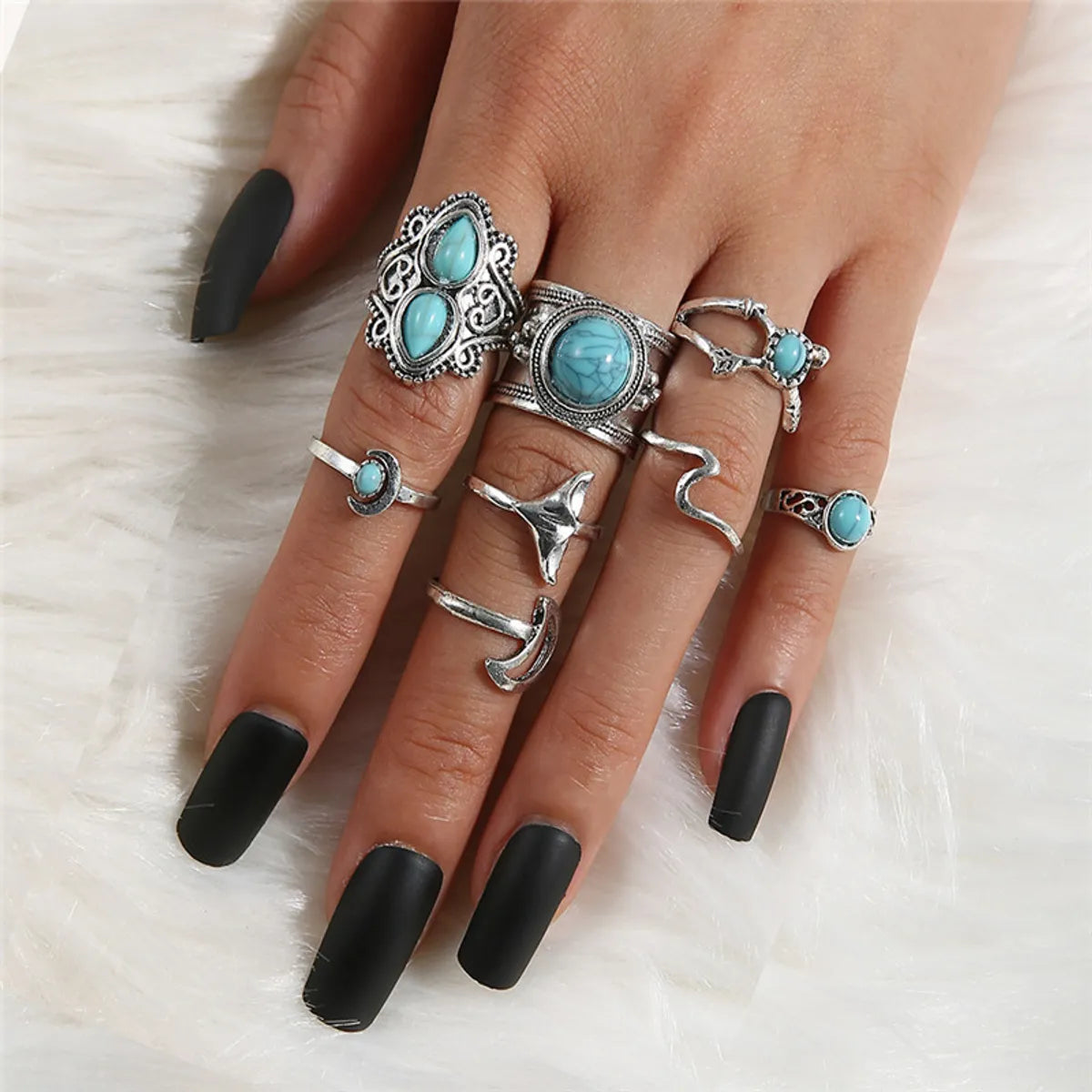 Punk Cross Moon Flower Alloy Plating Hollow Out Inlay Artificial Diamond Turquoise Opal Gold Plated Silver Plated Women'S Rings