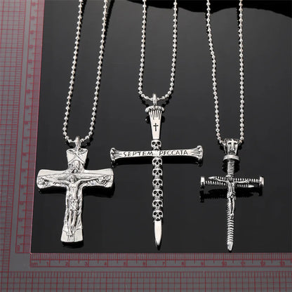 Punk Cross Nail Skull Alloy Titanium Steel Carving Men'S Pendant Necklace