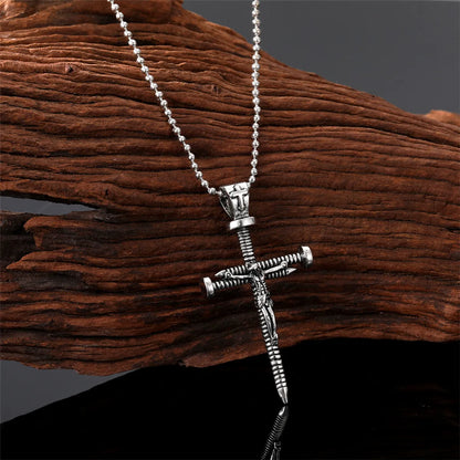 Punk Cross Nail Skull Alloy Titanium Steel Carving Men'S Pendant Necklace