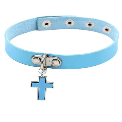 Punk Cross Pu Leather Patchwork Unisex Choker