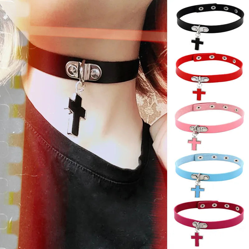 Punk Cross Pu Leather Patchwork Unisex Choker