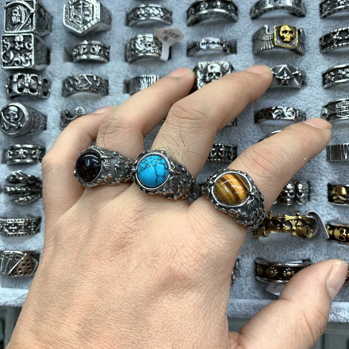 Punk Geometric Bat Titanium Steel Polishing Inlay Turquoise Tiger Eye Men'S Rings