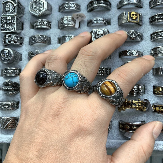 Punk Geometric Bat Titanium Steel Polishing Inlay Turquoise Tiger Eye Men'S Rings