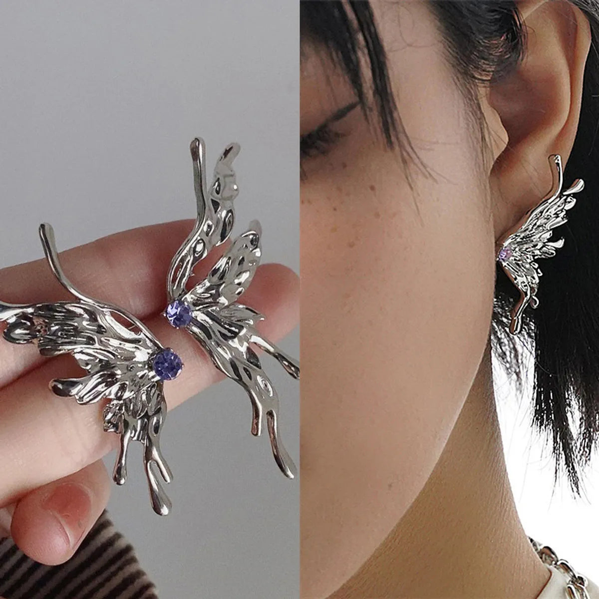 Punk Geometric Butterfly Earrings Asymmetric Purple Zircon Stud Earrings