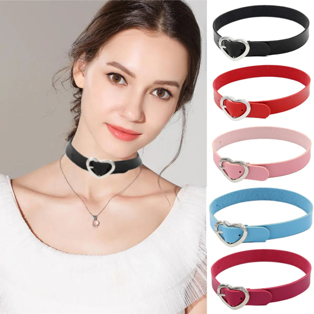 Punk Heart Shape Pu Leather Metal Women's Choker