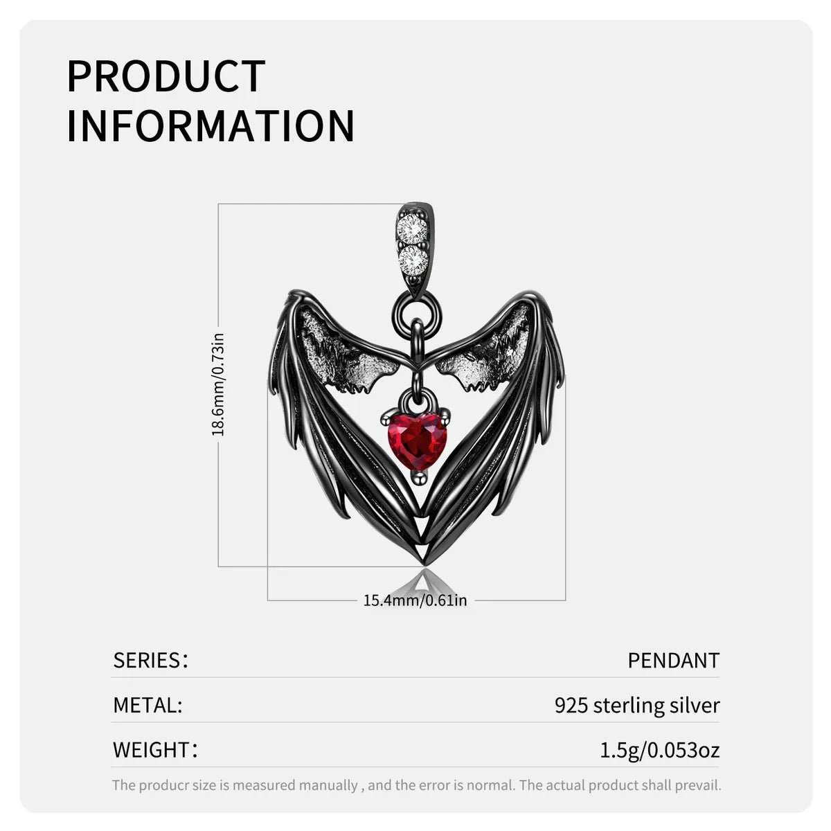 Punk Heart Shape Wings Sterling Silver Plating Inlay Artificial Gemstones Charms Necklace