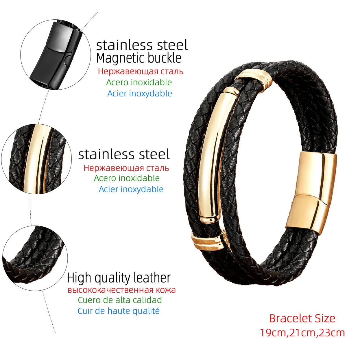 Punk Modern Style Geometric Stainless Steel Pu Leather Men'S Bracelets