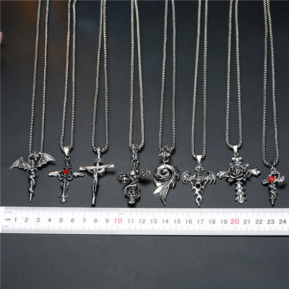 European Punk Vintage Skull Rose Cross Pendant Necklace Men And Women Ancient Silver Gemstone Necklace