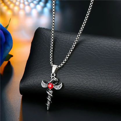 European Punk Vintage Skull Rose Cross Pendant Necklace Men And Women Ancient Silver Gemstone Necklace