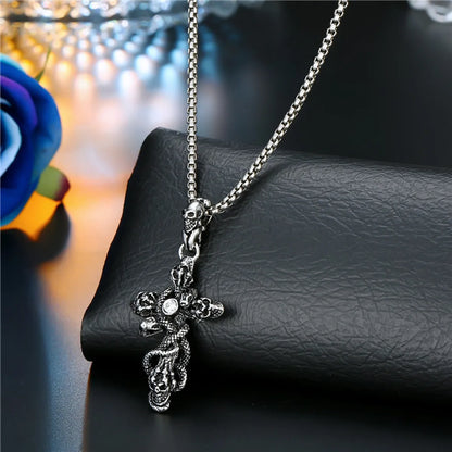 European Punk Vintage Skull Rose Cross Pendant Necklace Men And Women Ancient Silver Gemstone Necklace