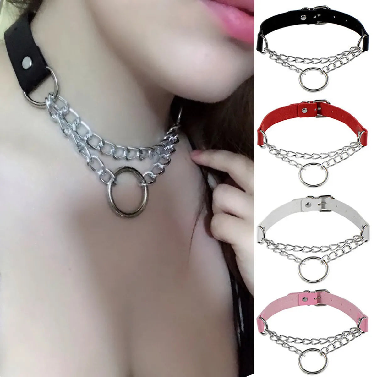 Punk Round Pu Leather Alloy Plating Chain Women's Choker