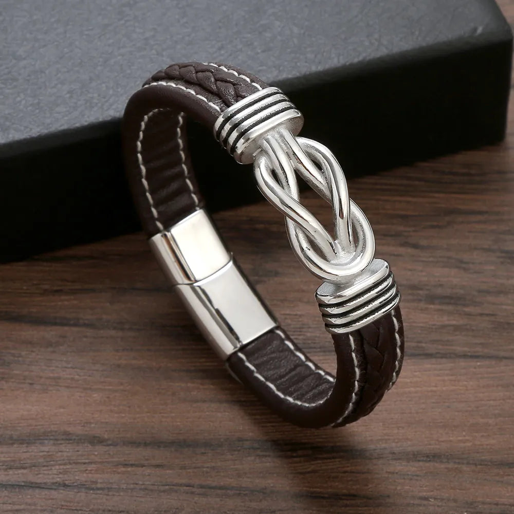 Punk Simple Style Knot Stainless Steel Pu Leather Men'S Bangle