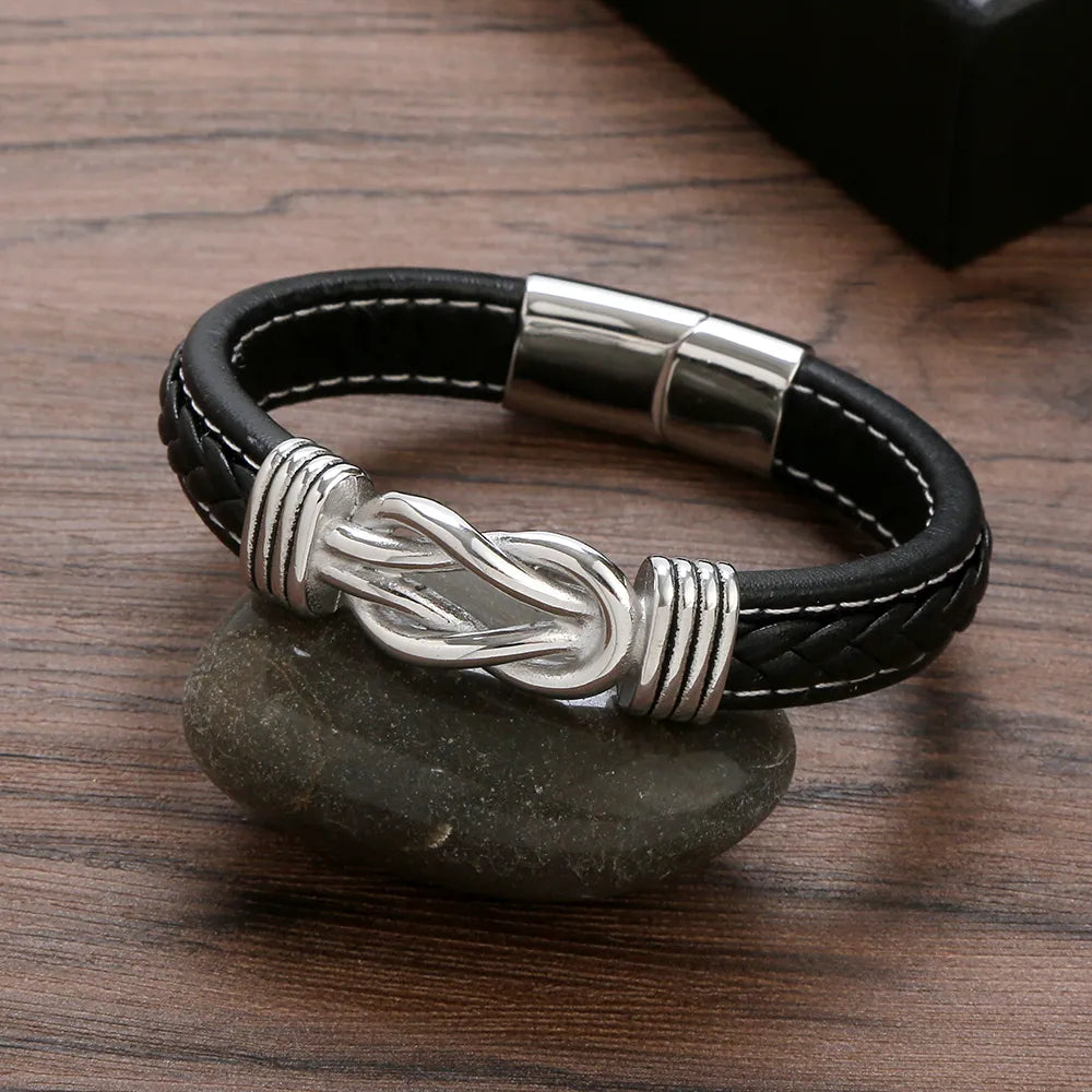 Punk Simple Style Knot Stainless Steel Pu Leather Men'S Bangle