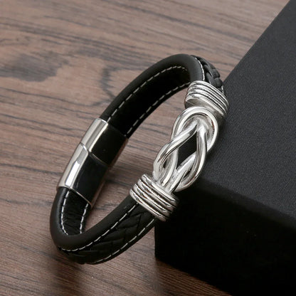 Punk Simple Style Knot Stainless Steel Pu Leather Men'S Bangle