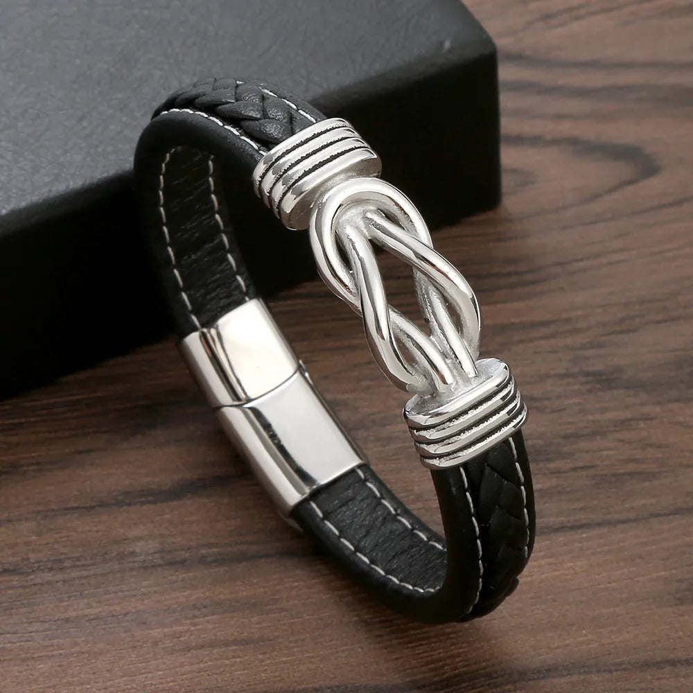 Punk Simple Style Knot Stainless Steel Pu Leather Men'S Bangle