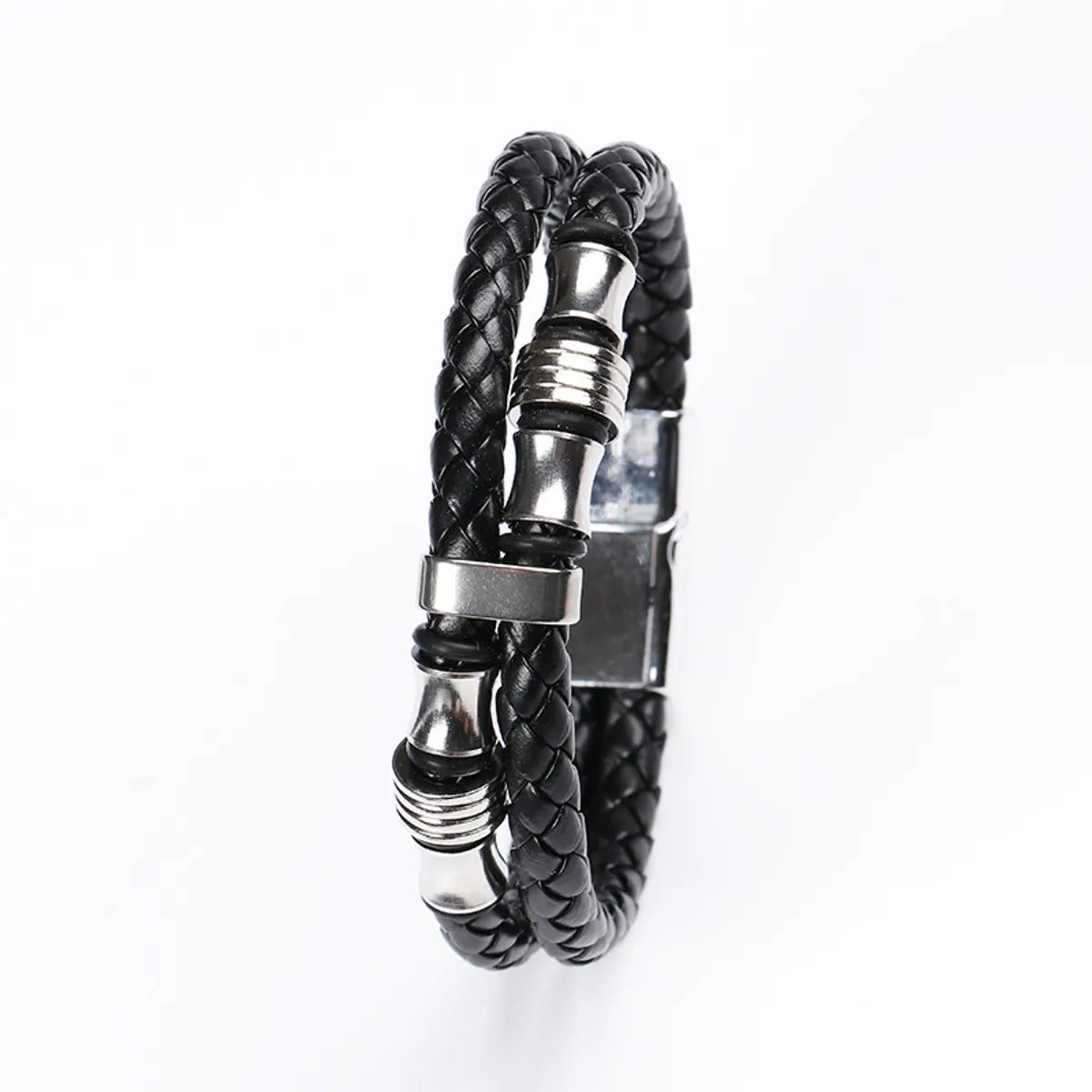 Punk Solid Color Stainless Steel Pu Leather Men'S Wristband