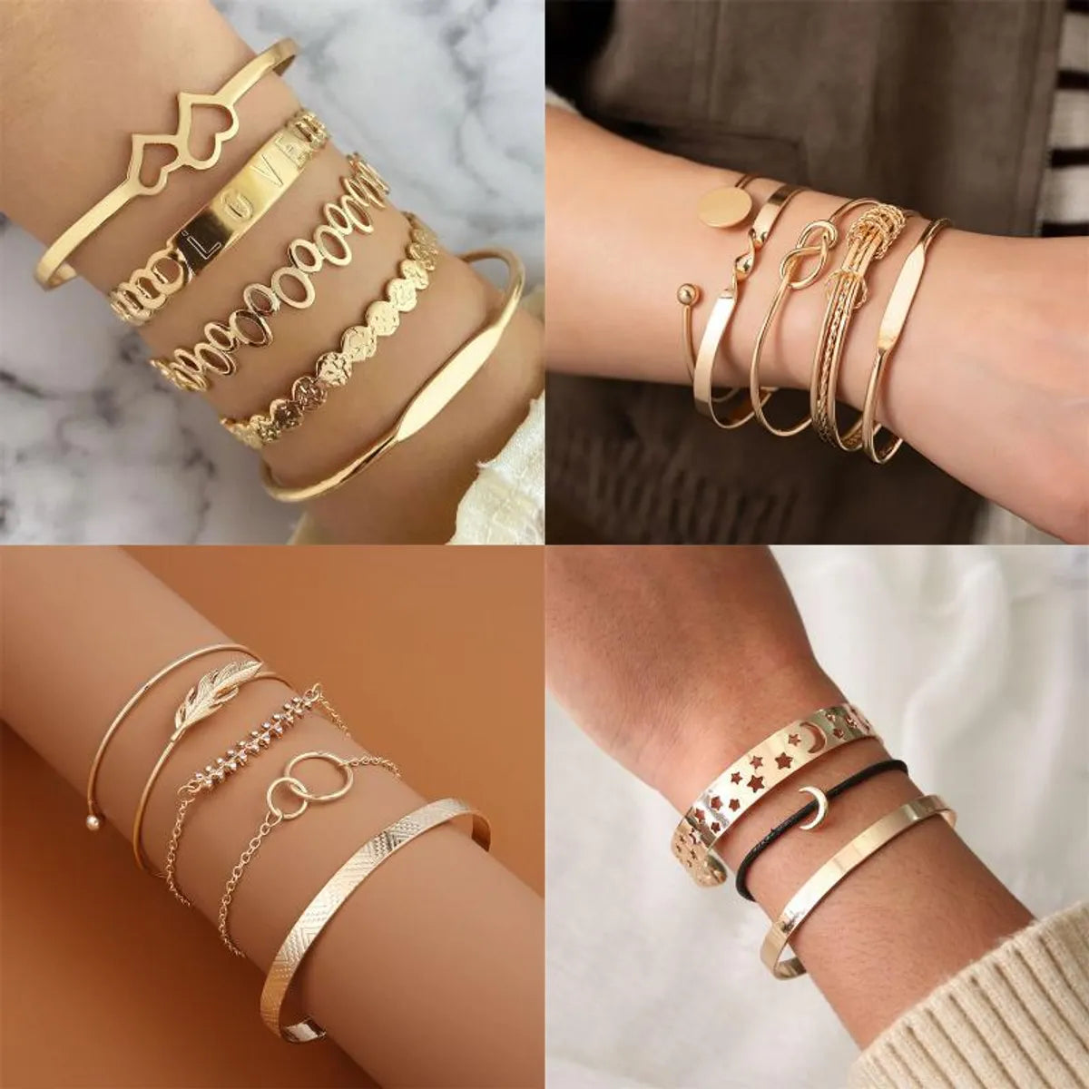 Punk Streetwear Letter Star Heart Shape Alloy Iron Plating Hollow Out Inlay Rhinestones Zircon 18k Gold Plated Silver Plated Women's Bracelets Bangle