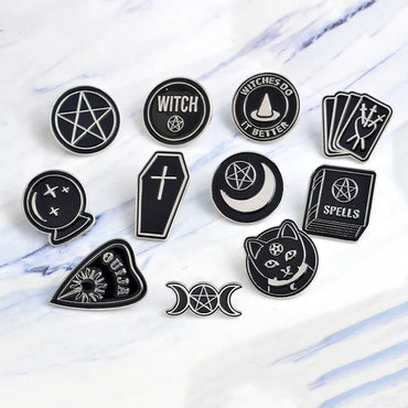 Punk Style Witch Coffin Witch Book Round Black Brooch Retro Brooch Wholesale