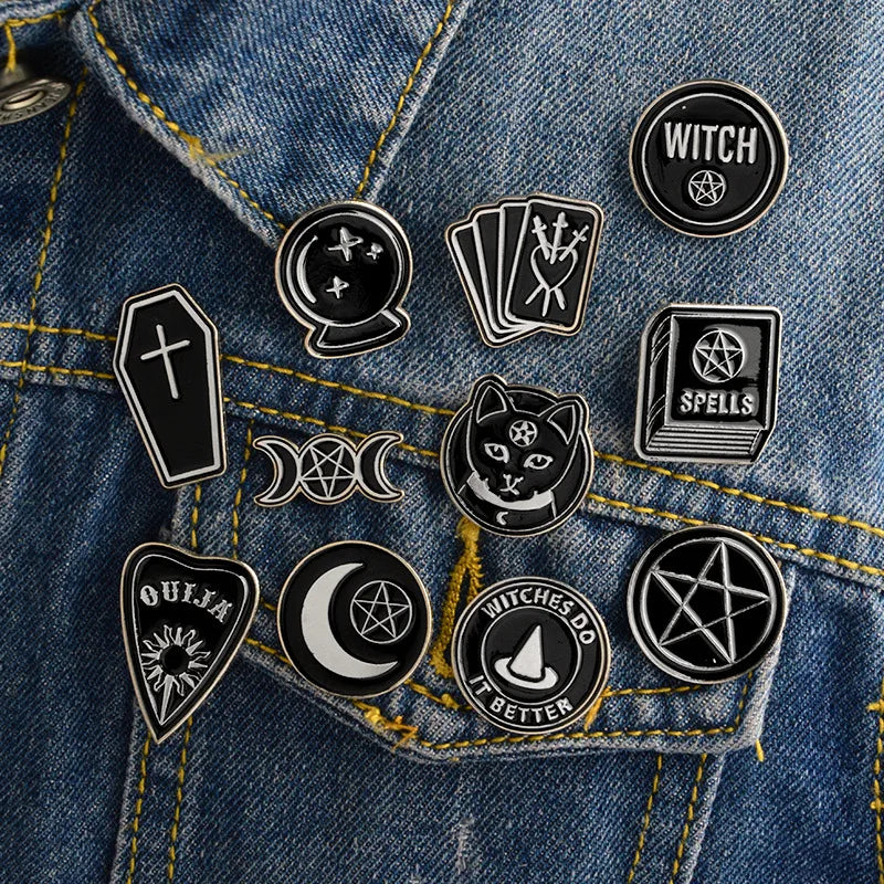 Punk Style Witch Coffin Witch Book Round Black Brooch Retro Brooch Wholesale