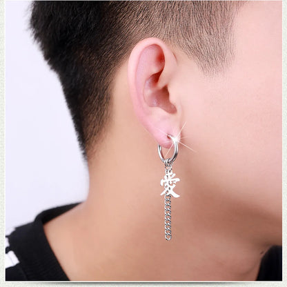 Punk Tassel Chain Chinese Character Love Titanium Steel Without Pierced Earrings Single