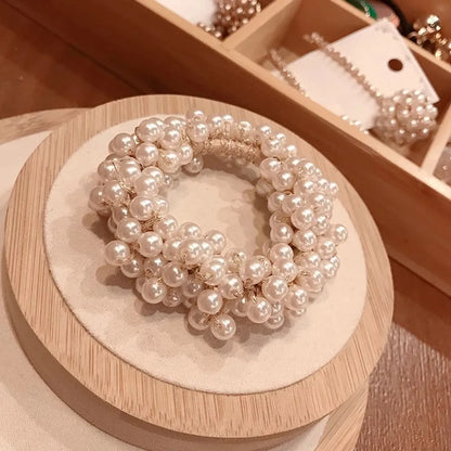 Pure Color Artificial Pearl Elastic Hair Rope