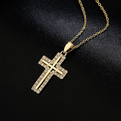 Religious Jewelry Copper-Plated 18k Gold Zircon Cross Pendant Necklace