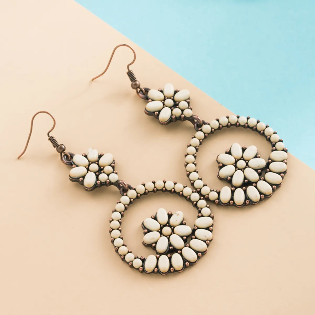 Retro Alloy Turquoise Hollow Flower Round Pendant Earrings