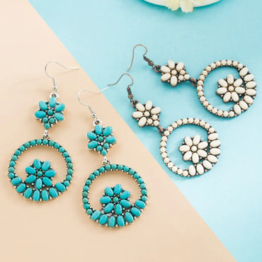 Retro Alloy Turquoise Hollow Flower Round Pendant Earrings