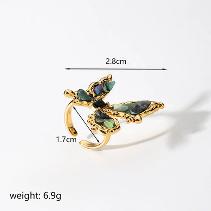 Retro Animal Butterfly Copper Plating Inlay Shell Zircon 18k Gold Plated Open Rings