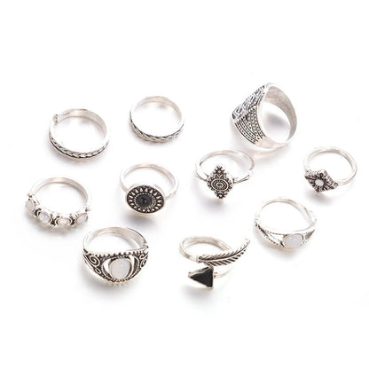 Retro Arrow Eyes Geometric Diamond Dripping Oil Ring 10-piece Set