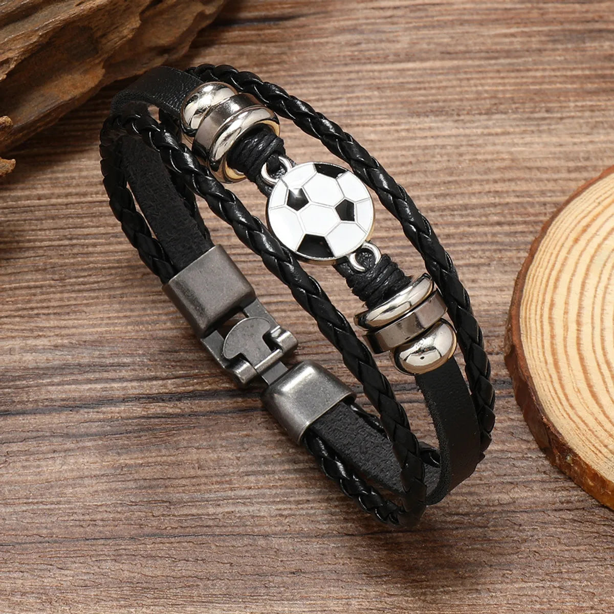 Retro Baseball Basketball Football Pu Leather Alloy Braid Men'S Bracelets