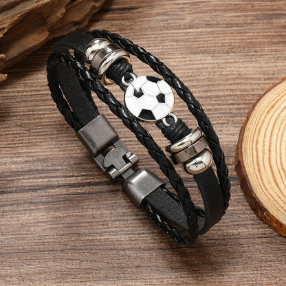 Retro Baseball Basketball Football Pu Leather Alloy Braid Men'S Bracelets