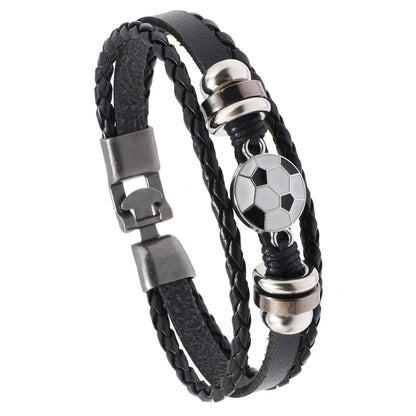 Retro Baseball Basketball Football Pu Leather Alloy Braid Men'S Bracelets