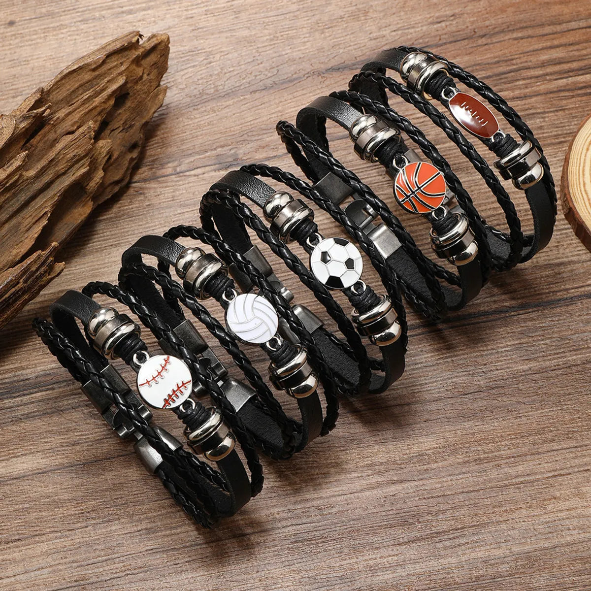 Retro Baseball Basketball Football Pu Leather Alloy Braid Men'S Bracelets