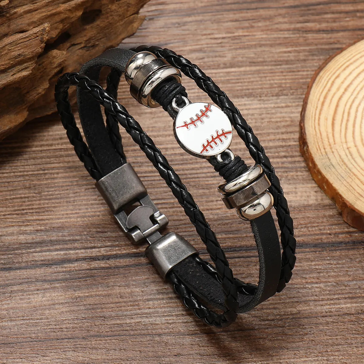 Retro Baseball Basketball Football Pu Leather Alloy Braid Men'S Bracelets