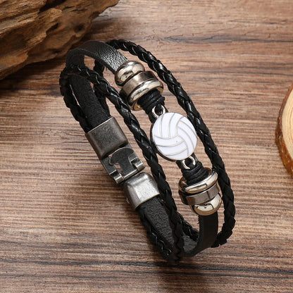 Retro Baseball Basketball Football Pu Leather Alloy Braid Men'S Bracelets