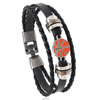 Retro Baseball Basketball Football Pu Leather Alloy Braid Men'S Bracelets